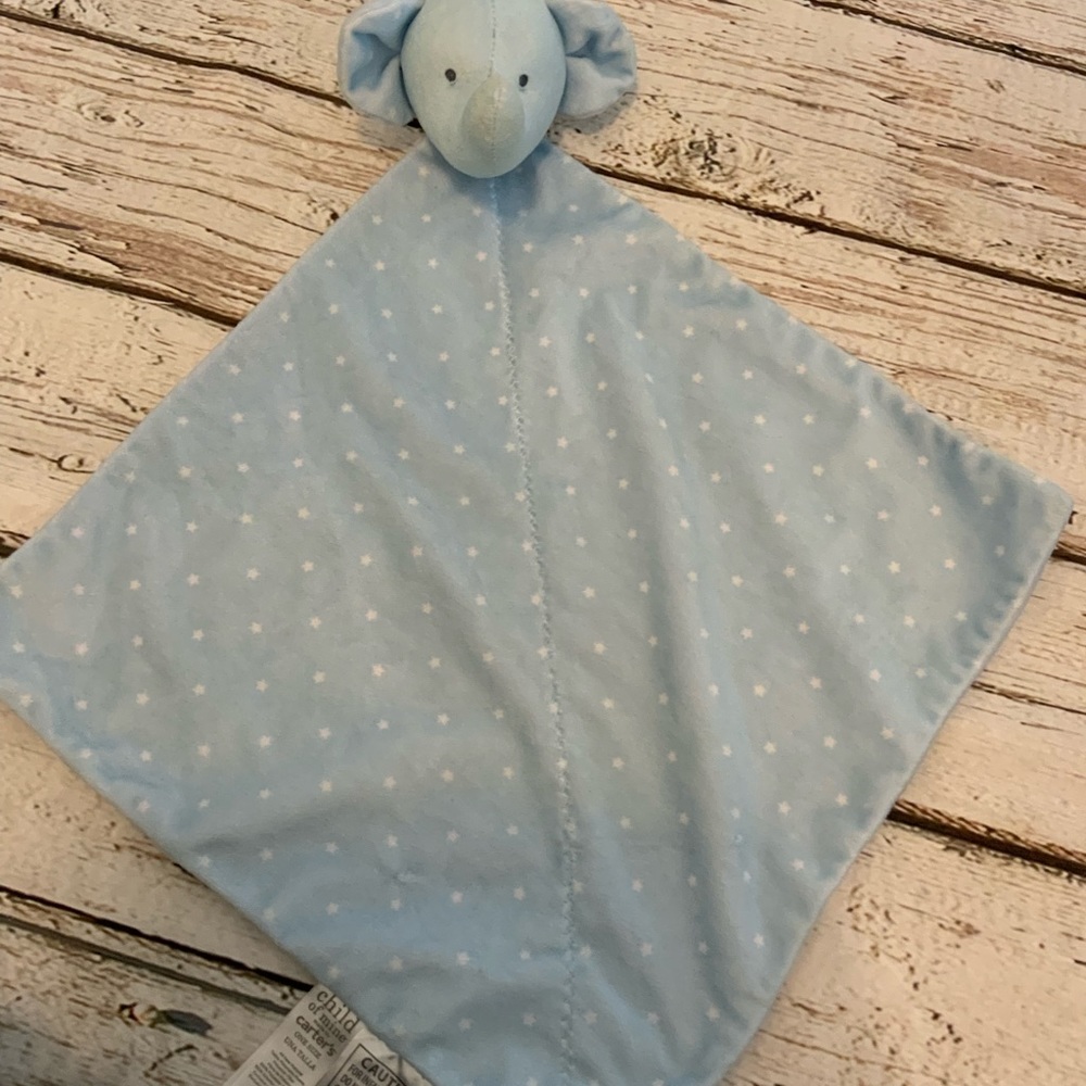 Carters Child of Mine Blue Elephant Security Blanket Rattle‎ Lovey Stars.